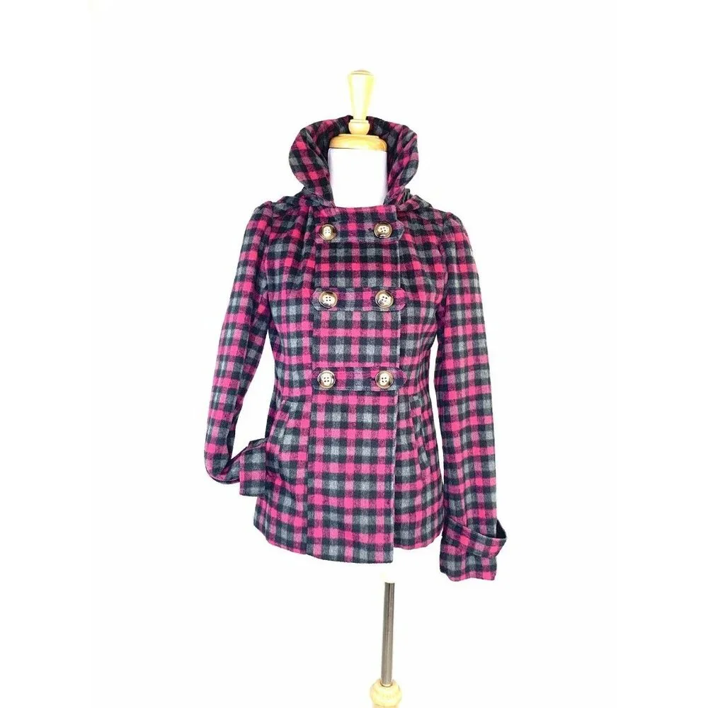 Pink Envelope Women’s Peacoat Hooded Plaid Double Breasted Look Jacket Small - Picture 3 of 11